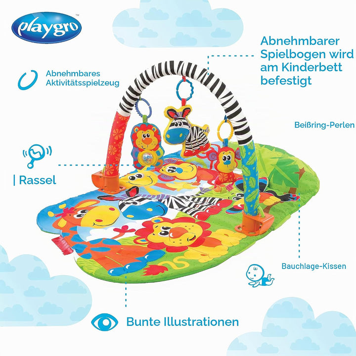 Playgro Krabbeldecke mit Spielbogen, Mit abnehmbarem Spielzeug, Ab 0 Monate, Safari Super Gym, Bunt,