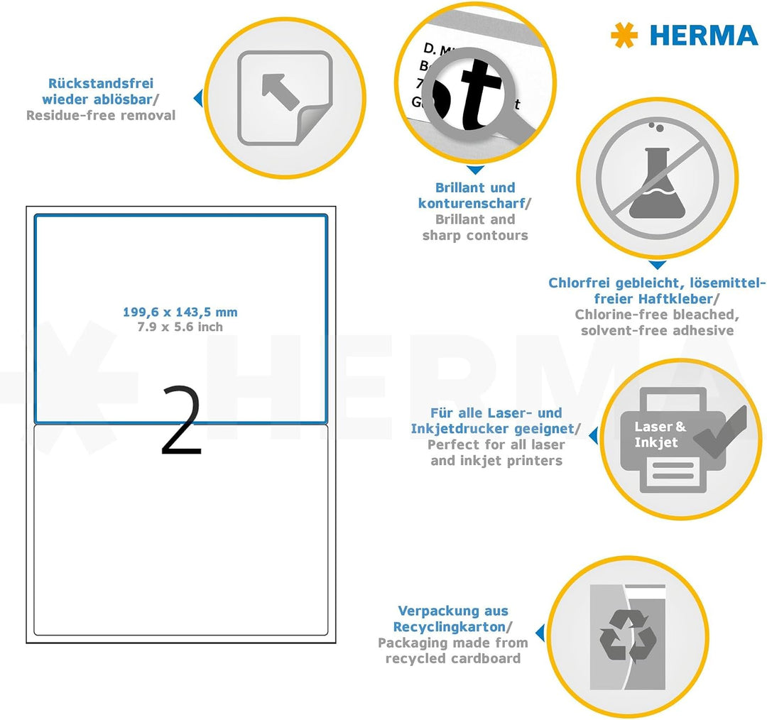 HERMA 10314 Universal Etiketten ablösbar, 100 Blatt, 199,6 x 143,5 mm, 2 Stück pro A4 Bogen, 200 Auf