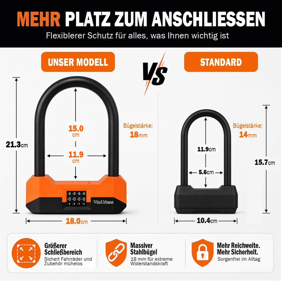 Fahrradschloss hohe Sicherheit 2-in-1 Set, 18 mm Bügelschloss Fahrrad & 120 cm Kettenschloss (7 mm),