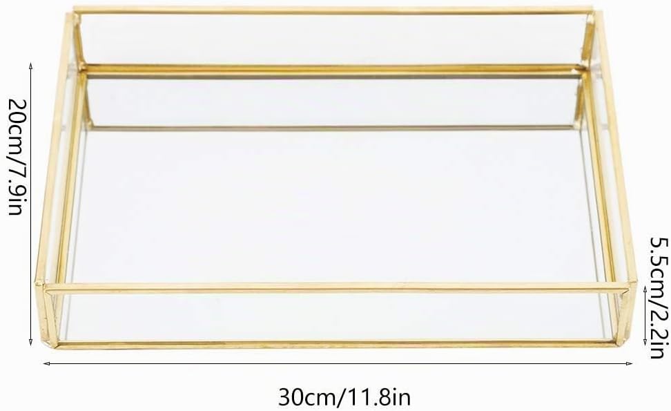 Retro Spiegeltablett, Dekotablett Gold Glastablett Tablett Vintage Metall Glas Aufbewahrungsbox Kosm