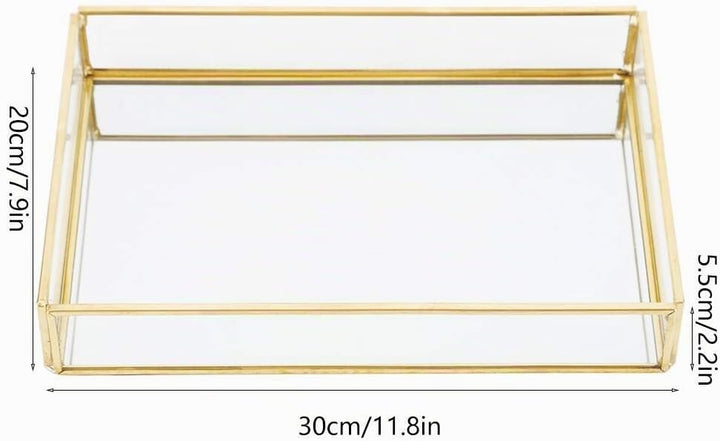 Retro Spiegeltablett, Dekotablett Gold Glastablett Tablett Vintage Metall Glas Aufbewahrungsbox Kosm