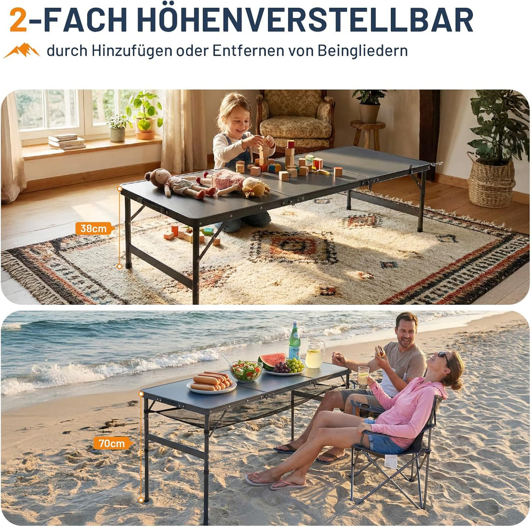 Portal Faltbarer Campingtisch 150x60cm Höhenverstellbar Robuster Klapptisch mit Tragegriff &amp; Ablagen