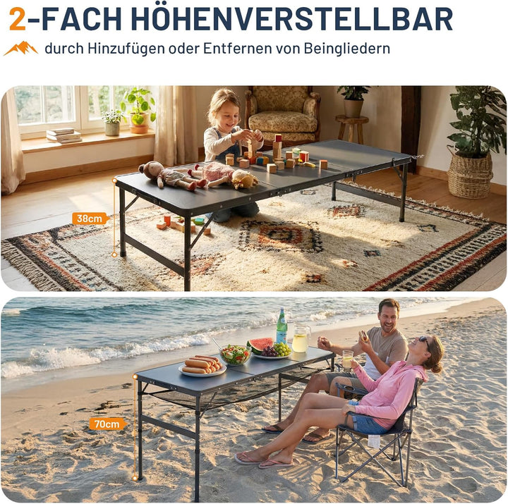 Portal Faltbarer Campingtisch 150x60cm Höhenverstellbar Robuster Klapptisch mit Tragegriff &amp; Ablagen