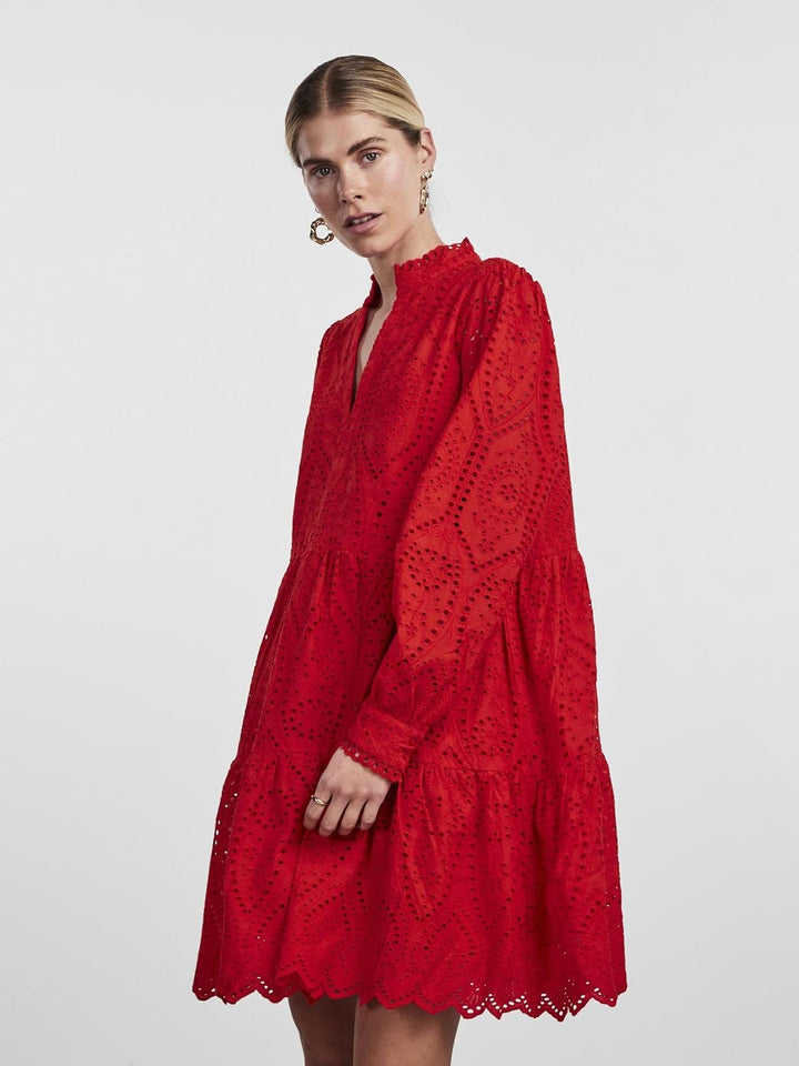 YAS Damen Yasholi Ls Dress S. Noos Stufenkleid, XS Fiery Red