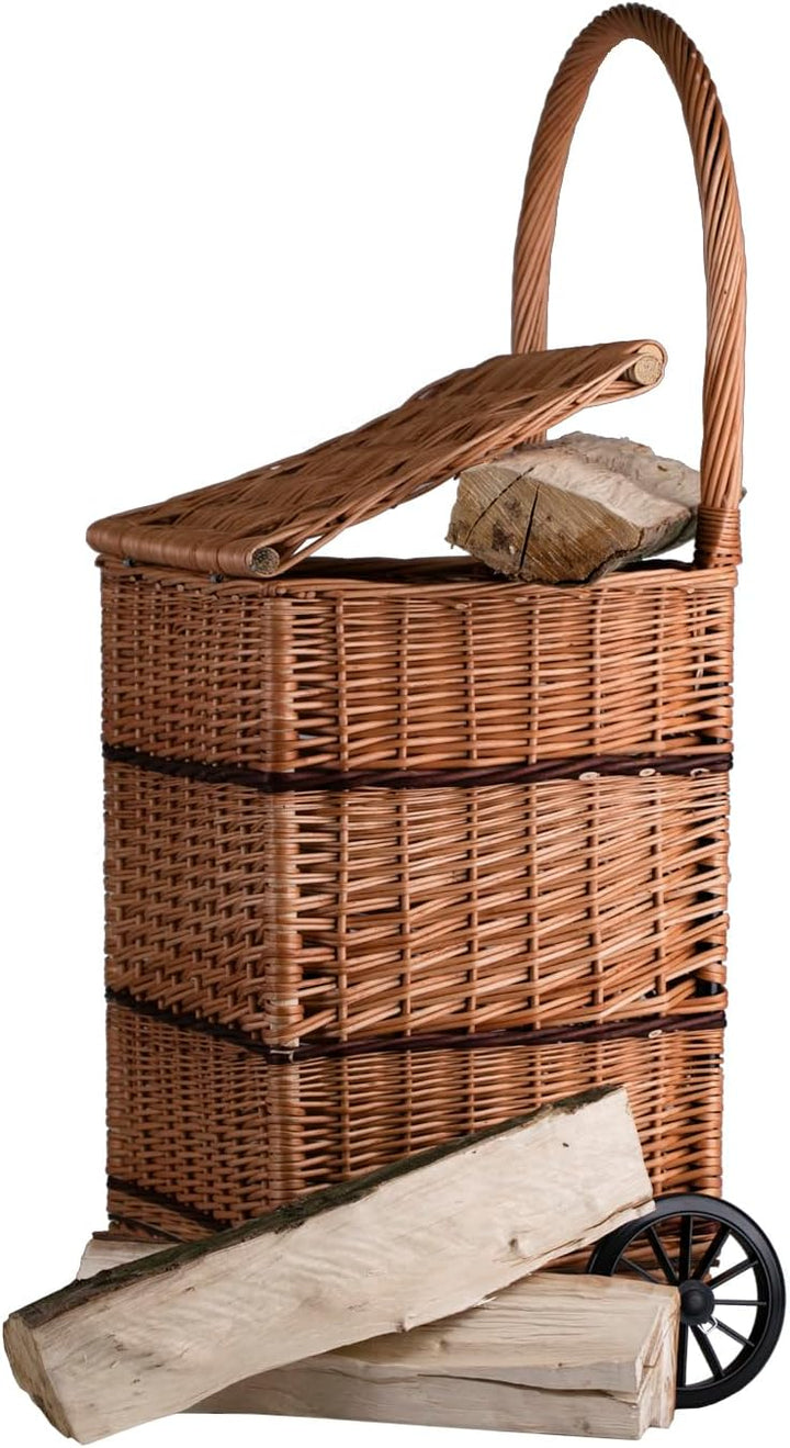 Kaminholzkorb auf Rollen Trolley fahrbar aus Vollweide Kaminkorb Halbrund Rollkorb aus Weide für Kam