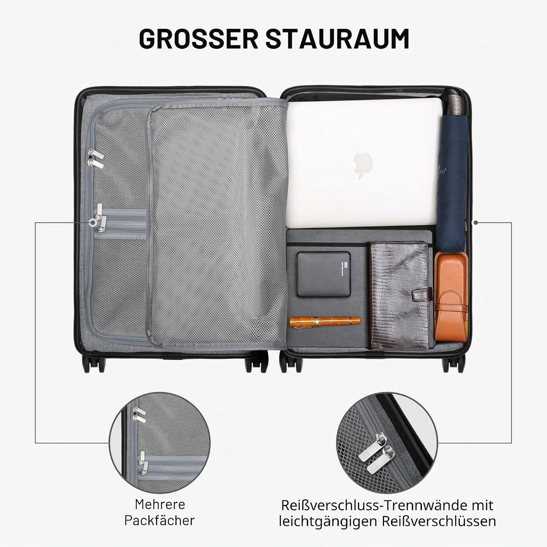 LEVEL8 Koffer Trolley Handgepäck mit Organizer Set 4-teilig, Leicht 100% PC TSA Zahlenschloss 8 Spin