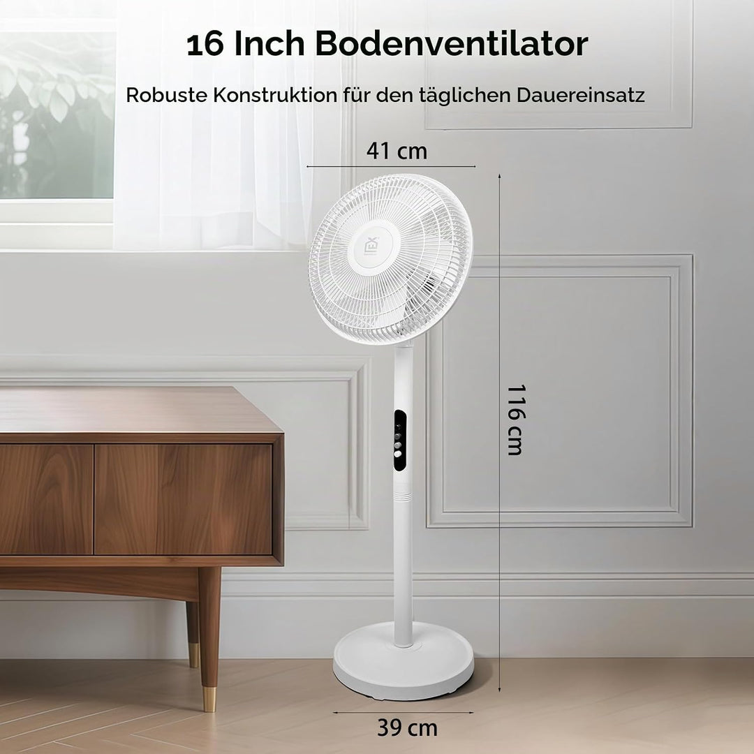 EXTRASTAR 16 Zoll Standventilator mit Fernbedienung, 6 Windstufen, 9h Timer, 70° automatische Schwen