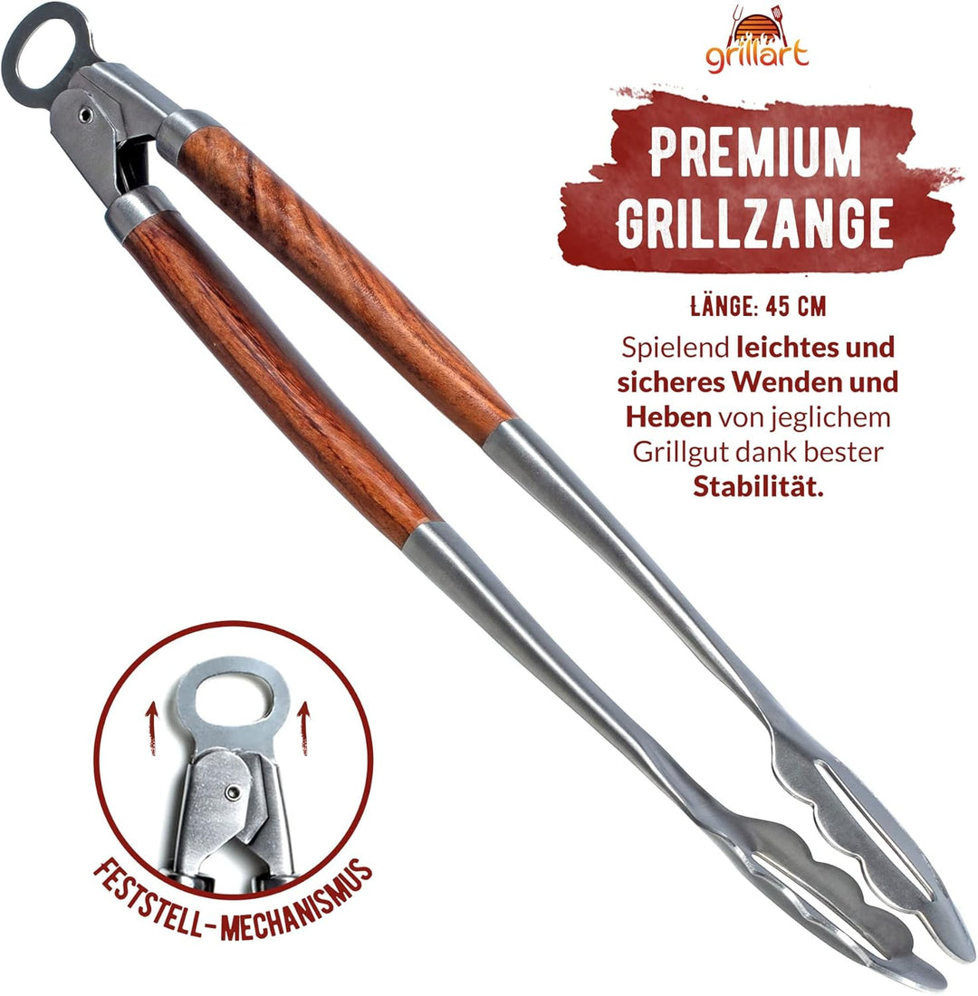 grillart® Premium Grillbesteck Set, 3-teilig aus hochwertigem Edelstahl und edlen Holzgriffen – Gril