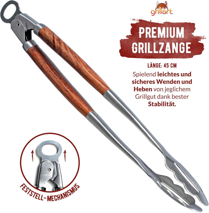 grillart® Premium Grillbesteck Set, 3-teilig aus hochwertigem Edelstahl und edlen Holzgriffen – Gril