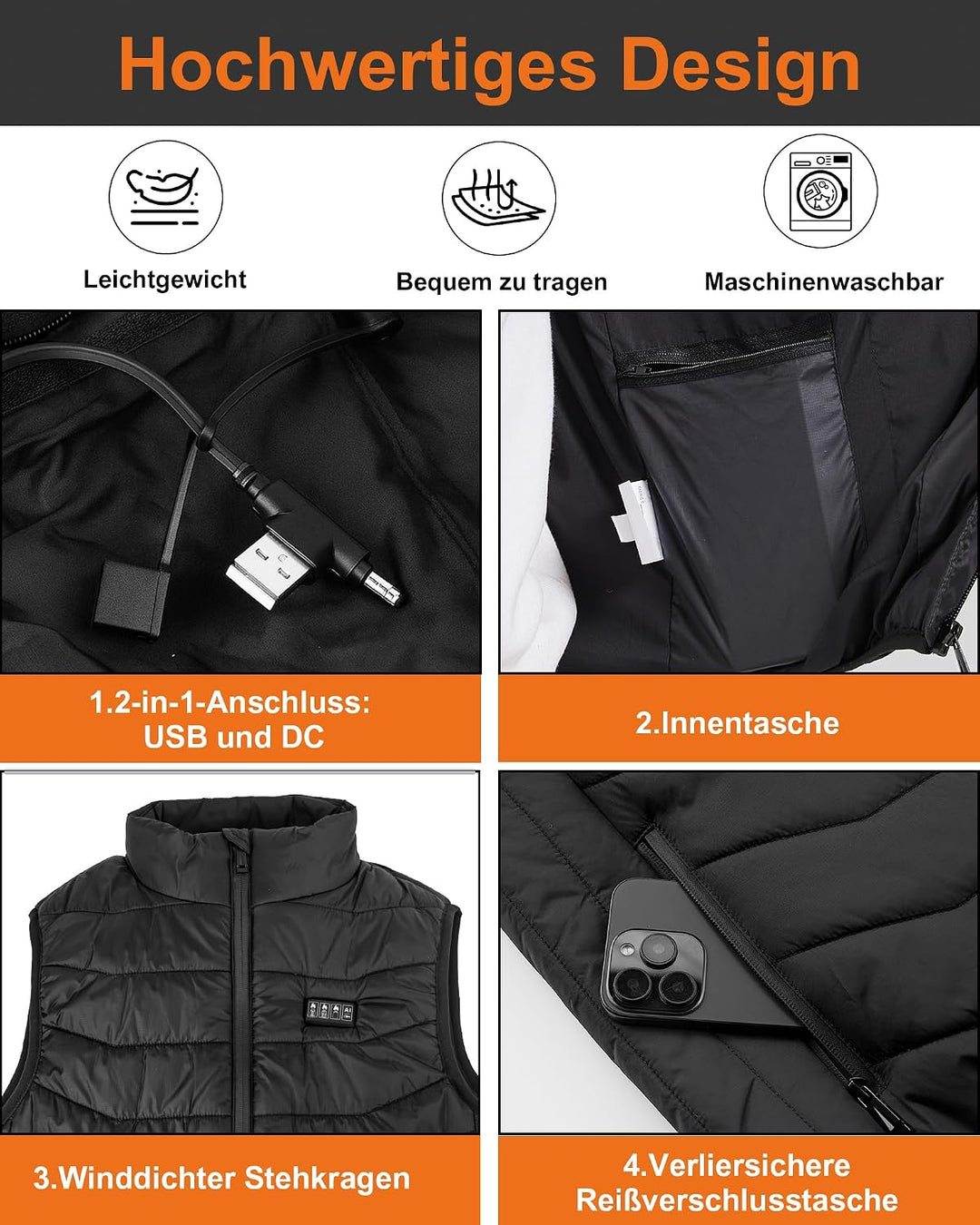 Beheizbare Weste Herren und Damen with 26 Heizbereiche – Heizweste with Kompatibel mit 5V/7.4V, schn