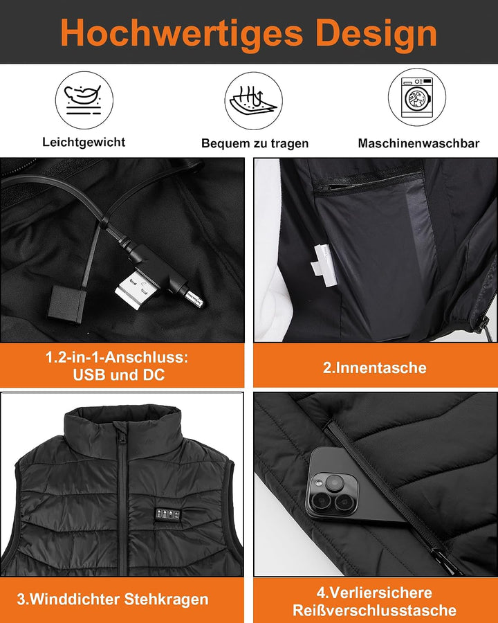 Beheizbare Weste Herren und Damen with 26 Heizbereiche – Heizweste with Kompatibel mit 5V/7.4V, schn