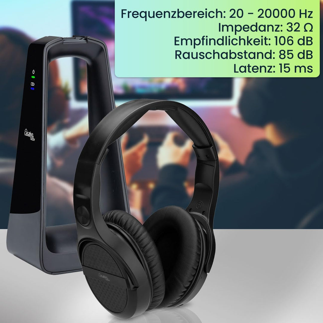 Digitaler Stereo-Funk-Kopfhörer mit 2-in-1 Funk- & Ladestation – kabellos, 30 m Reichweite, kristall