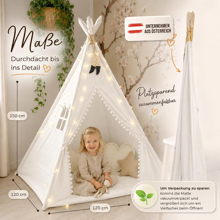 LIONHERZ® DAS ORIGINAL Tipi Zelt für Kinder aus 100% Baumwolle mit Federdeko, Kuschelmatte, Tragetas