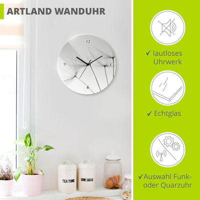 ARTLAND Wanduhr ohne Tickgeräusche Glas Quarzuhr Ø 30 cm Rund Lautlos Blumen Pusteblume Natur Modern