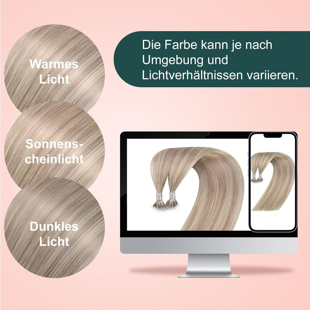 Easyouth Nano Bead Extensions Echthaar Farbe Aschblond und Gelb Blond 14 Zoll 50 Stück 50g Nano Loop