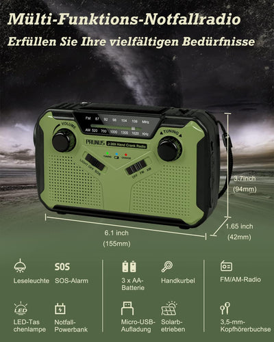 PRUNUS J-369 Kurbelradio FM/AM Mittelwellenradio, Radio Batteriebetrieben, Radio Kurbel Notfall mit