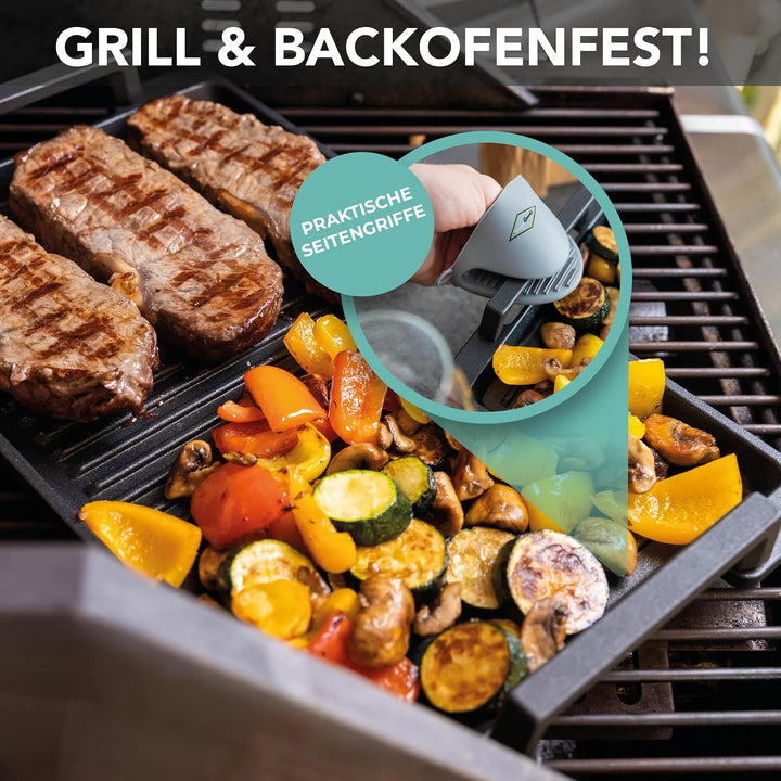 MaxxGoods - Aluminiumguss Grillplatte komplett gerippt - 37,5x22,8x2,5cm - für Induktion &amp; alle gäng
