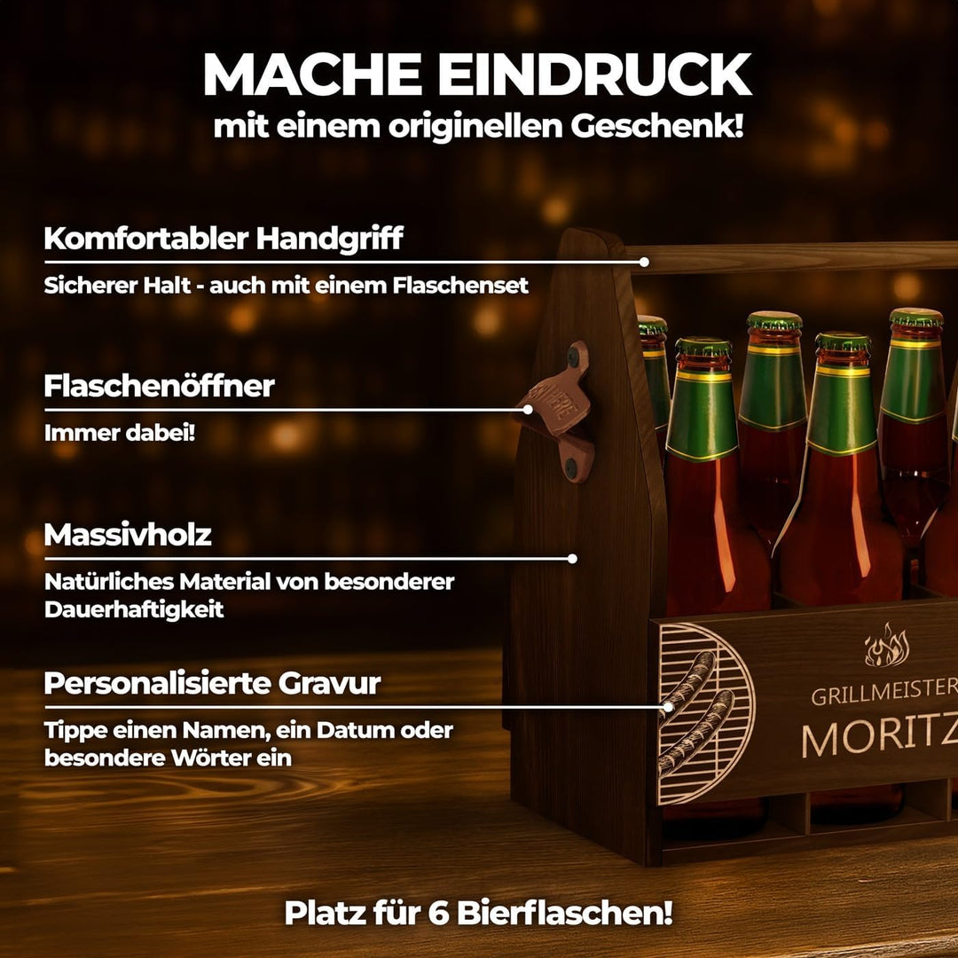 Maverton Bierträger für 6 Flaschen 0,5L + Gravur - Männerhandtasche mit Flaschenöffner - Grösse: 25x