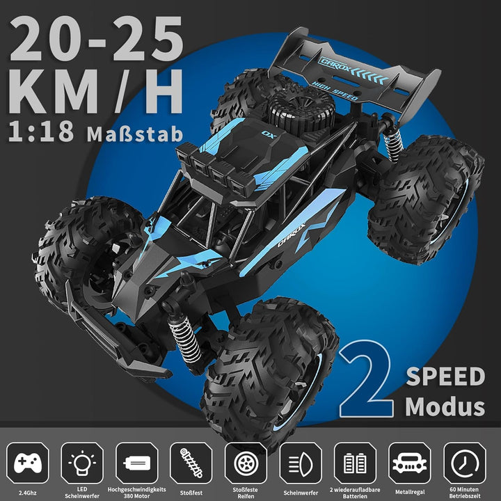 Carox Ferngesteuertes Auto,2.4 GHz 25 km/h RC Auto,1:18 Off Road Monstertruck mit Scheinwerfer und F