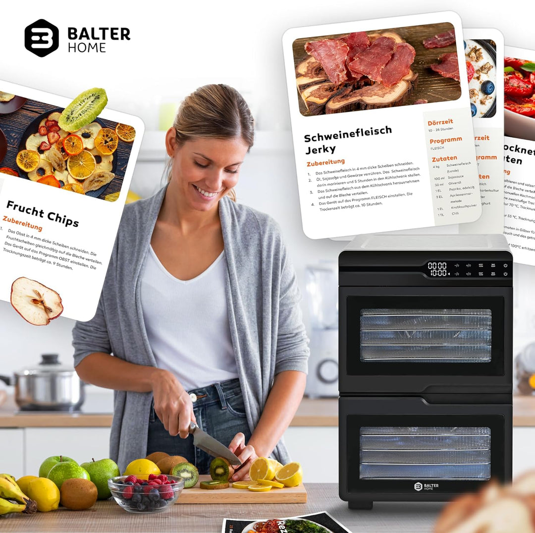 Balter Dörrautomat Edelstahl mit 2 Kammern & 12 Etagen, 1000 W, 8800 cm² Dörrfläche, BPA-frei, 35–75
