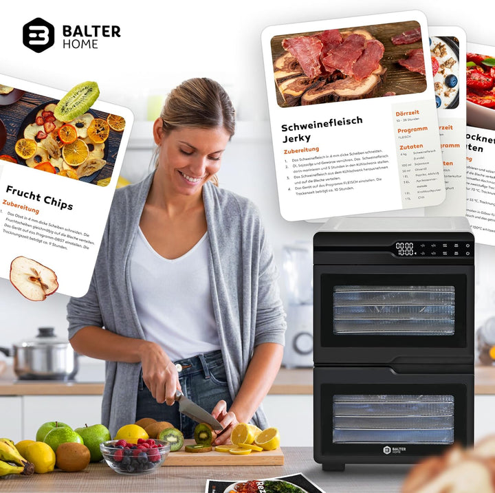 Balter Dörrautomat Edelstahl mit 2 Kammern & 12 Etagen, 1000 W, 8800 cm² Dörrfläche, BPA-frei, 35–75