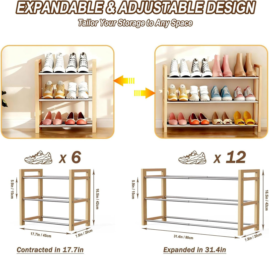 LEMIKKLE Schuhregal Holz Eiche 3-stöckig, Erweiterbar Mit Edelstahl-Elementen, Ideal Für Enge Räume,