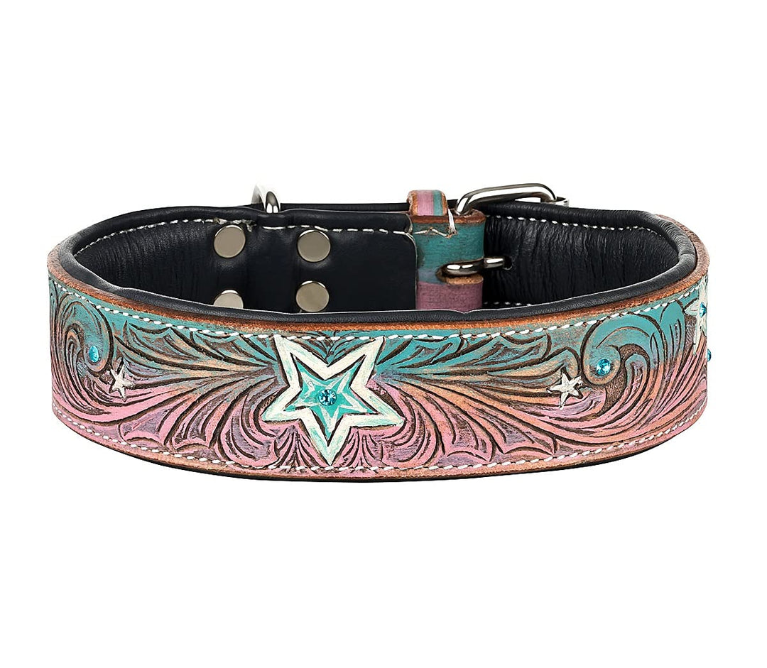 MICHUR Stardust Hundehalsband Leder, Lederhalsband Hund, Halsband, Leder, Stern Muster, Braun Grau P