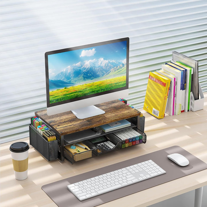 Monitorständer mit Schublade, Schreibtischorganizer und Zubehör, 2-stufiger Computer Monitor Erhöhun
