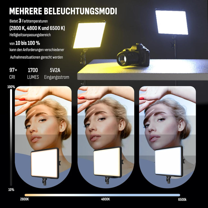 Video Licht Set, 2-Pack 25x20 cm 15 W LED Studio Fotolicht, Dimmbares 2800–6500K Kamera Licht für Vi