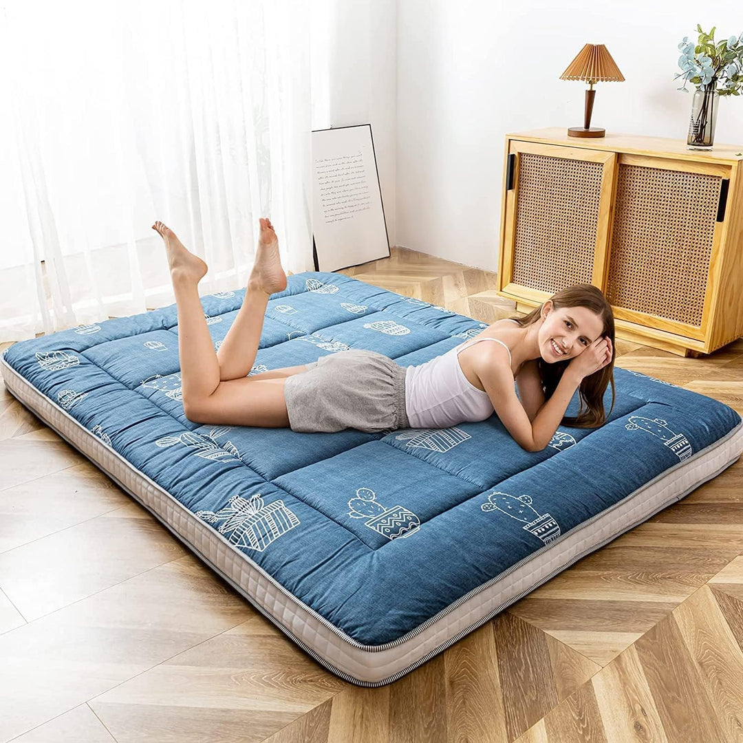 MAXYOYO Graue Futon-Matratze mit Kaktus-Muster, japanische Bodenmatratze, Doppelbettgrösse, gesteppt