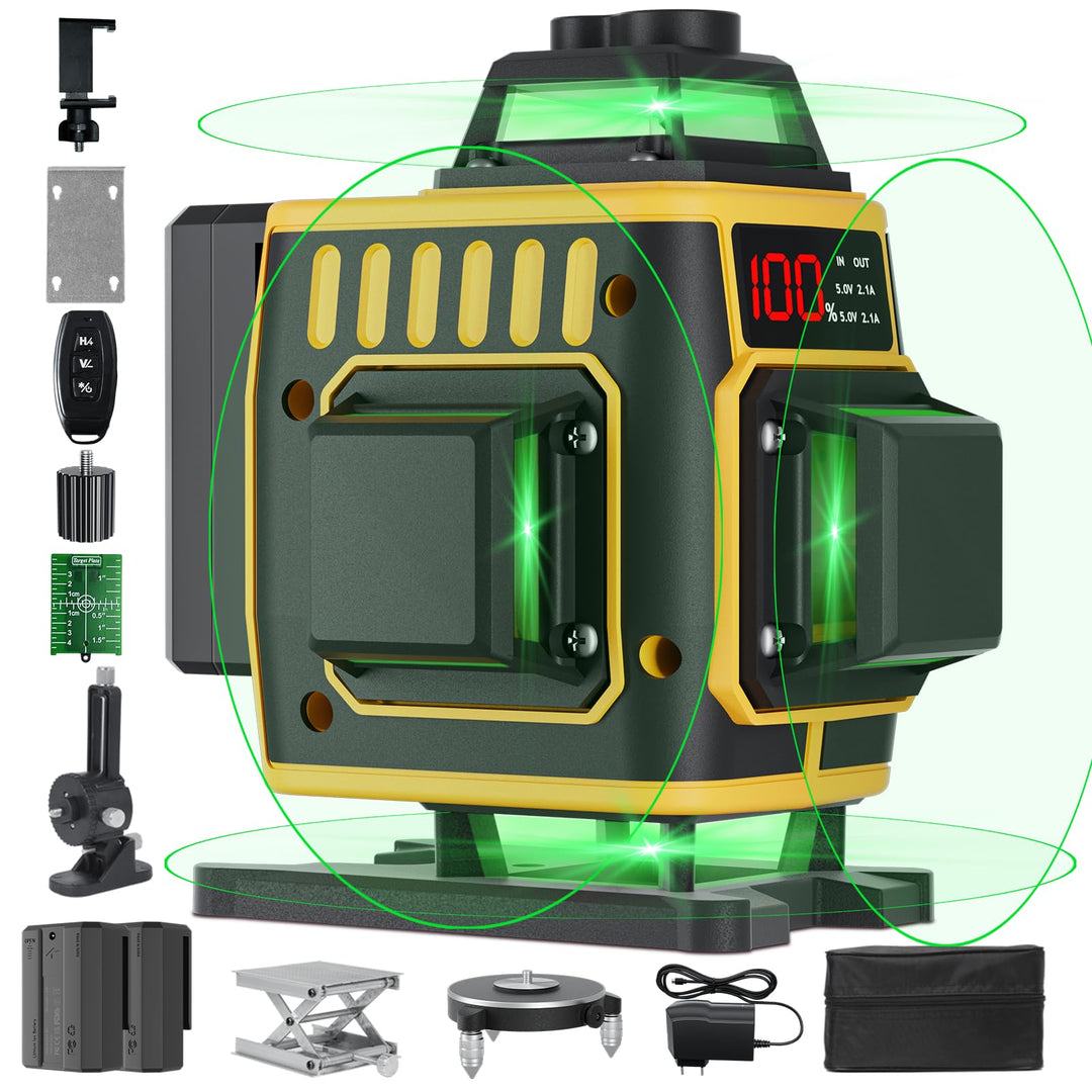 Kreuzlinienlaser Grün 16 Linien,4 x 360 °Laser Wasserwaage Selbstnivellierend,Nivellierlaser mit LED