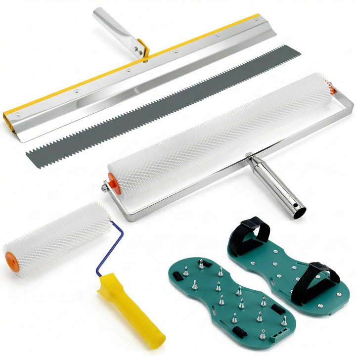QWORK® Bodenbeschichtung Set, Entlüftungswalze+Epoxid Spike Schuhe+Stehrakel Grossflächenrakel 4 Stü