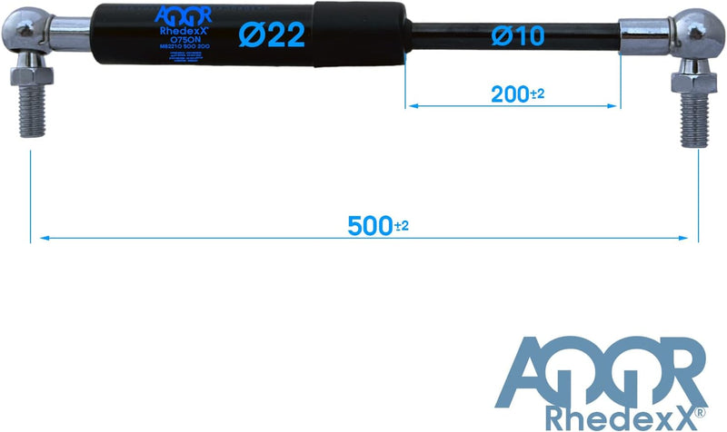 RhedexX® Gasdruckfeder Kugelkopf 500mm/200mm 100N-1.250N M8 Gewinde Gasfeder (1OO N), 1OO N