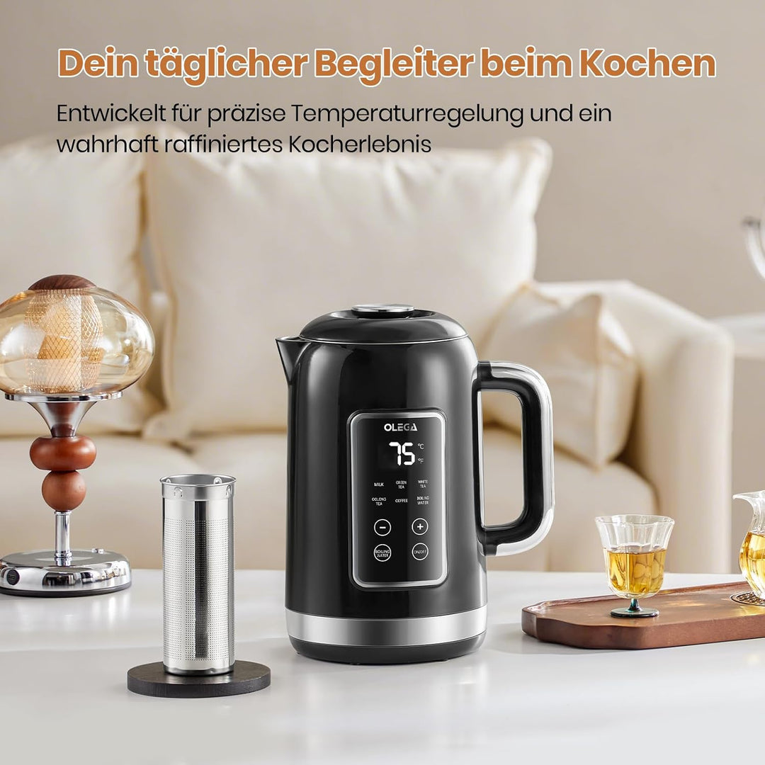 OLEGA Wasserkocher: 1800 W Wasserkocher mit Temperaturregelung, 1,5 l Fassungsvermögen, Edelstahl, S
