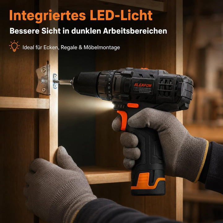 Akku-Bohrschrauber mit hoher Leistung, zwei Gängen, umfangreichem Zubehörset, LED-Licht, Schnelllade