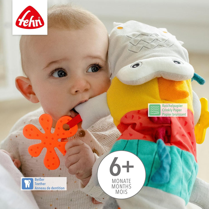 Fehn Handpuppe Baby Spielzeug Krokodil - Kuscheltier mit Rassel, Raschelpapier, Beisser und Quietsch