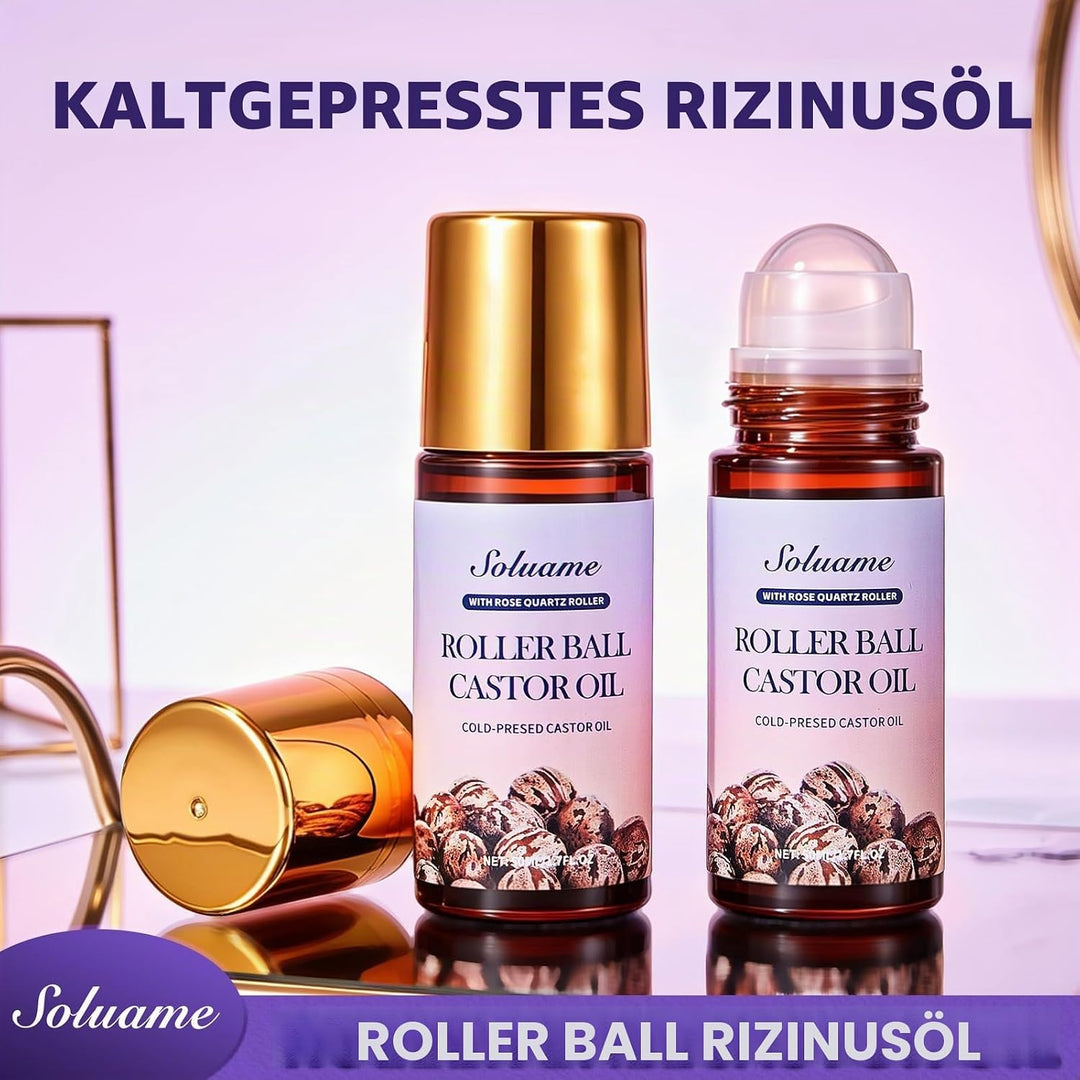 Rollerball Rizinusöl mit Rosenquarz Roller, Kaltgepresstes Reines Rizinusöl Roll On für Gesicht Körp
