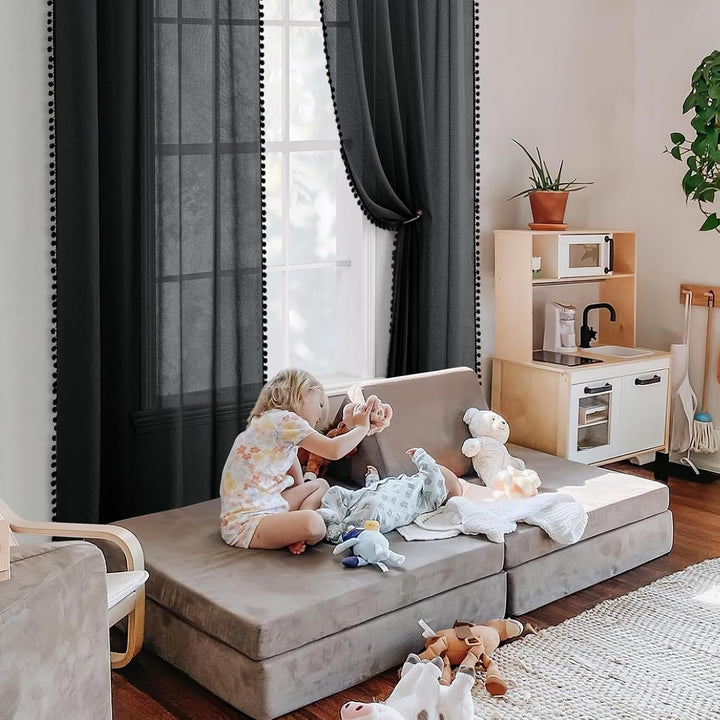 MIULEE Gardinen mit Pompons-Hübsche Schwarz Transparent Gardinen für Kinderzimmer Mädchen, 2 Stücke