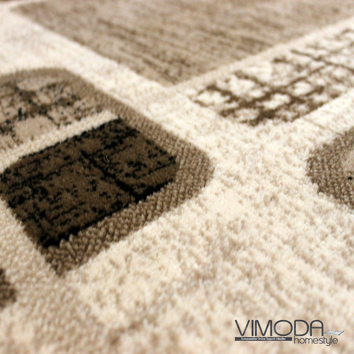 VIMODA Teppich Kurzflor Modern Kariert Retro geometrisches Muster Meliert Braun Beige für Wohnzimmer