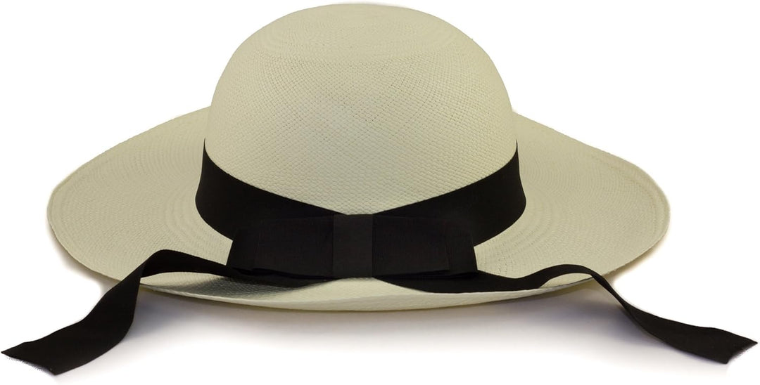 Echter Panama Sonnenhut für Damen, weiss mit schwarzem Band - rollbar und faltbar. Hergestellt in Ec
