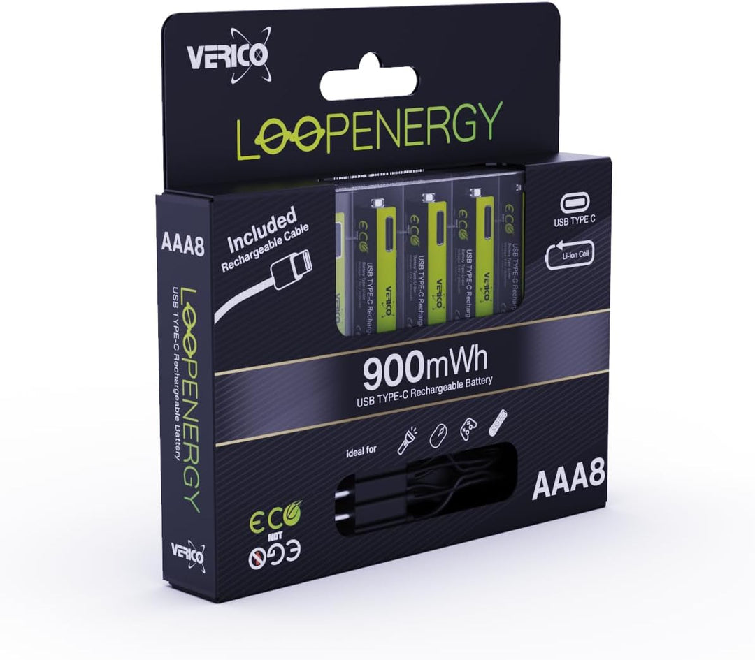 VERICO LoopEnergy AAA 900 Wiederaufladbare USB-C Batterie AAA 1,5V 900mWh (600mAh) Li-Ion, Schnellla