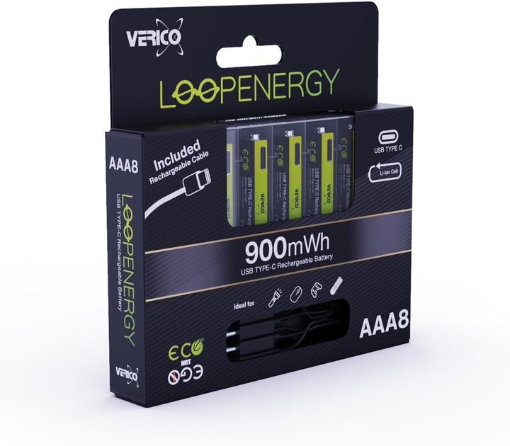 VERICO LoopEnergy AAA 900 Wiederaufladbare USB-C Batterie AAA 1,5V 900mWh (600mAh) Li-Ion, Schnellla