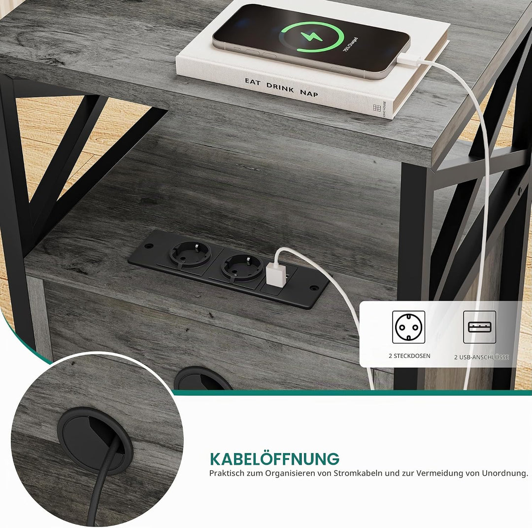 YITAHOME Beistelltisch, Nachtschrank mit Kabinett, X-förmiger Wohnzimmertisch mit Ladestation, 2 USB