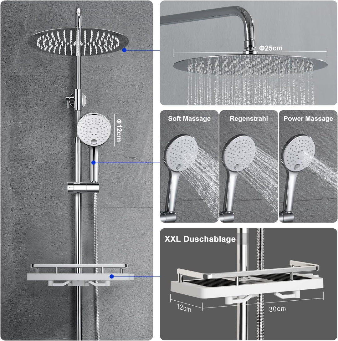 JOHO Edelstahl Regenduschset Duschsystem ohne Armatur, Duschset Duschstange mit Ablage Chrom(Kopfbra
