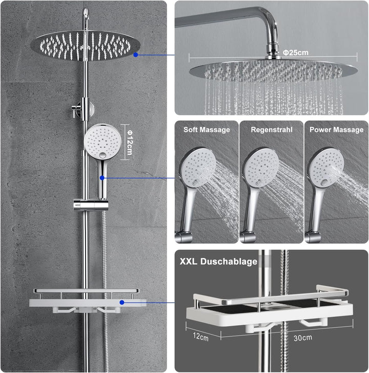 JOHO Edelstahl Regenduschset Duschsystem ohne Armatur, Duschset Duschstange mit Ablage Chrom(Kopfbra