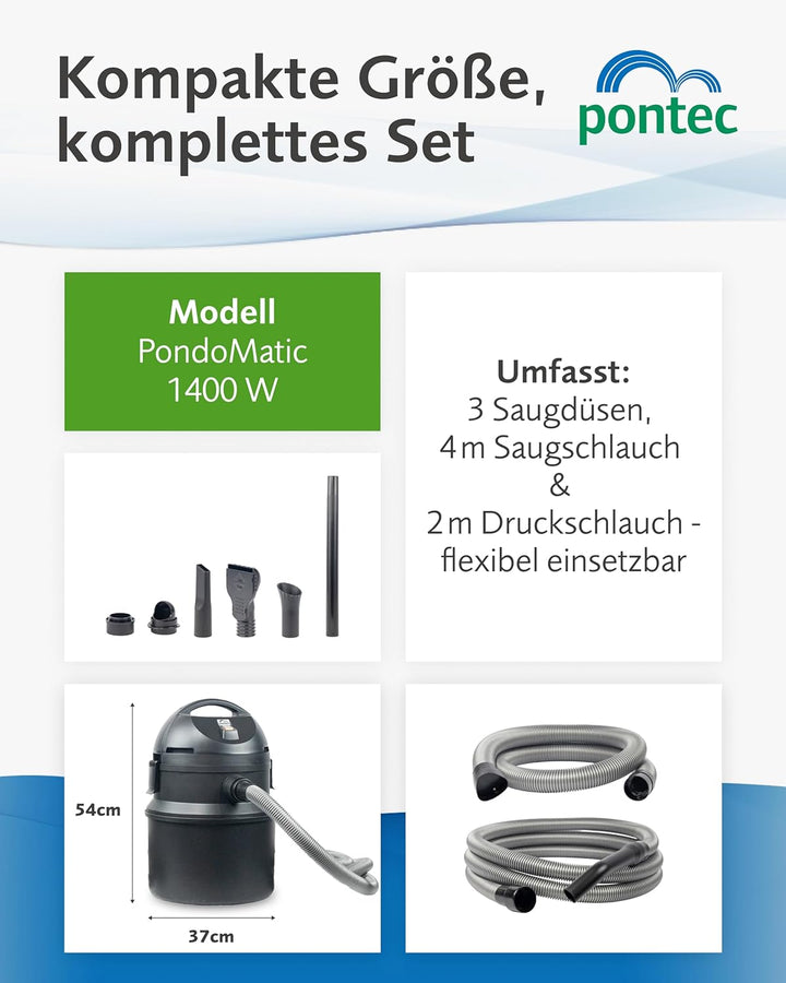 Pontec 50754 PondoMatic 1400 W, 3000 l/h - Teichschlamm-Sauger zur einfachen und effektiven Säuberun