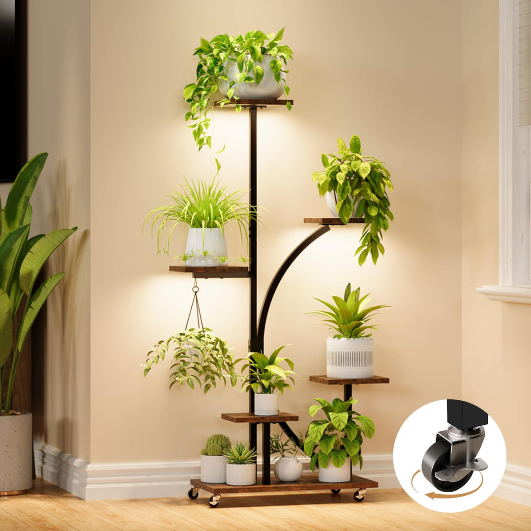 Pflanzenständer mit Wachstumslicht, Blumenständer 6 Stöckiges 125cm, Pflanzenregal Metall Holz mit F