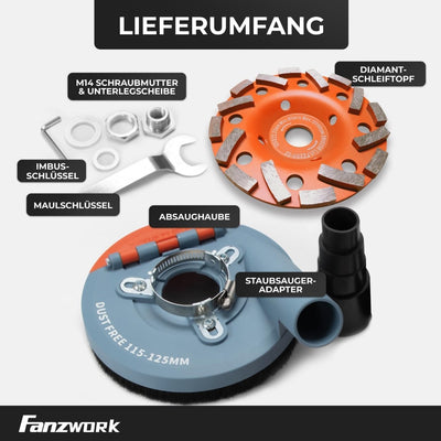 #7 FANZTOOL Absaughaube für Winkelschleifer 125mm + Diamantschleiftopf, mit Schleiftopf