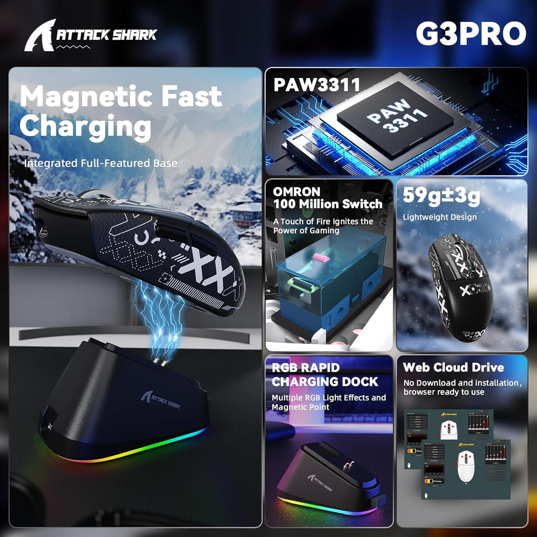 MAMBASNAKE x ATTACK SHARK G3PRO Gaming-Maus mit Magnetischer Ladestation, BT/2.4G Wireless/Kabel, Pi