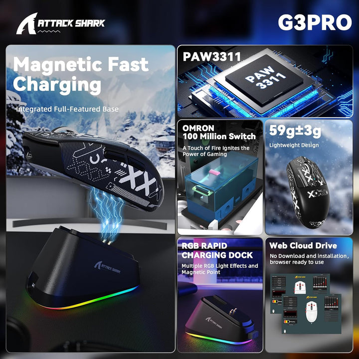 MAMBASNAKE x ATTACK SHARK G3PRO Gaming-Maus mit Magnetischer Ladestation, BT/2.4G Wireless/Kabel, Pi